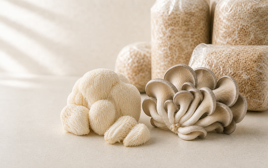 Origine & production — champignons frais et substrat